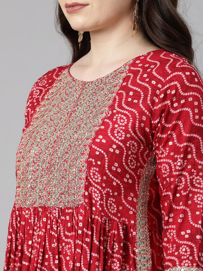 Neeru's Red Regular Knee Length Printed Kurta Printed Trousers With Dupatta
