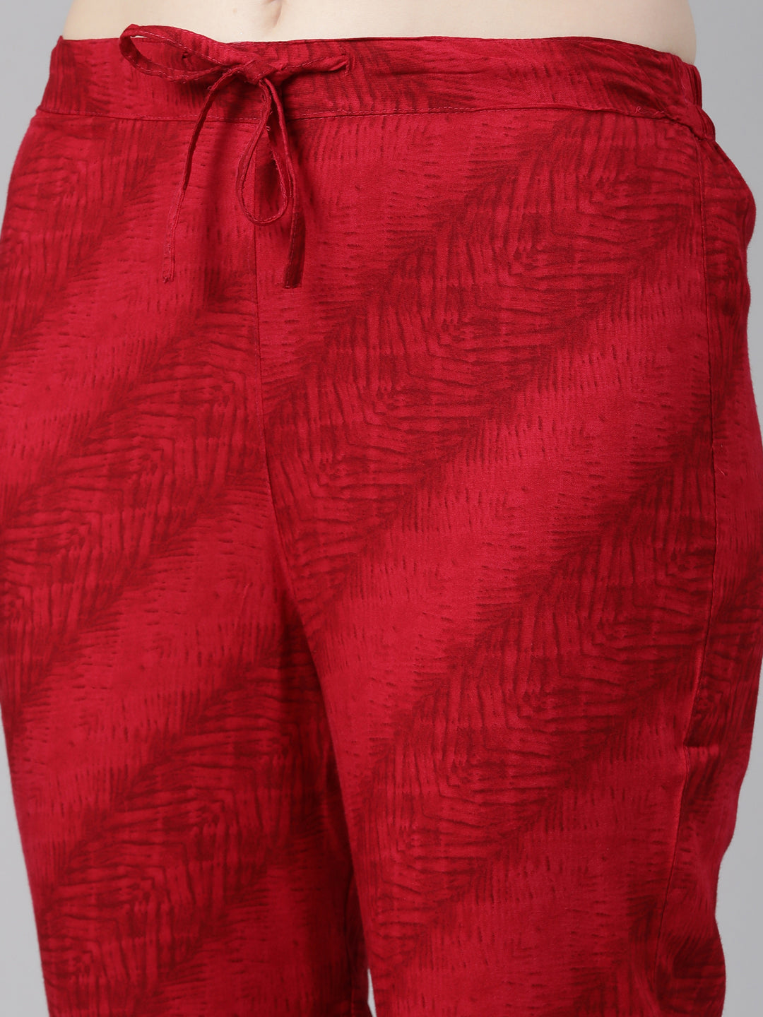 Neeru's Red Regular Knee Length Printed Kurta Printed Trousers With Dupatta