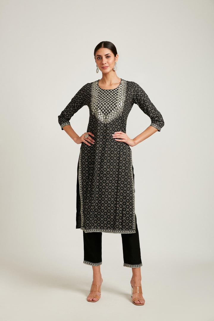 Neerus Black Color Cotton Fabric Kurta Set