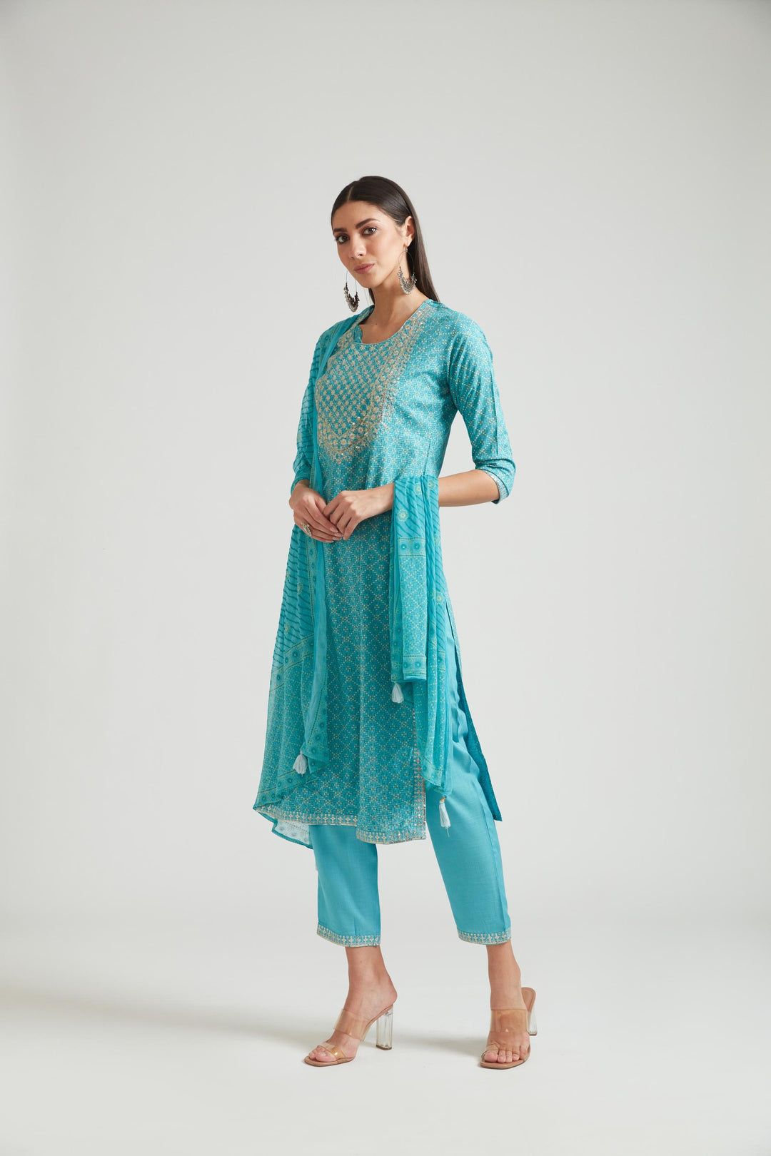 Neerus Blue cotton kurta set salwar kameez - front view