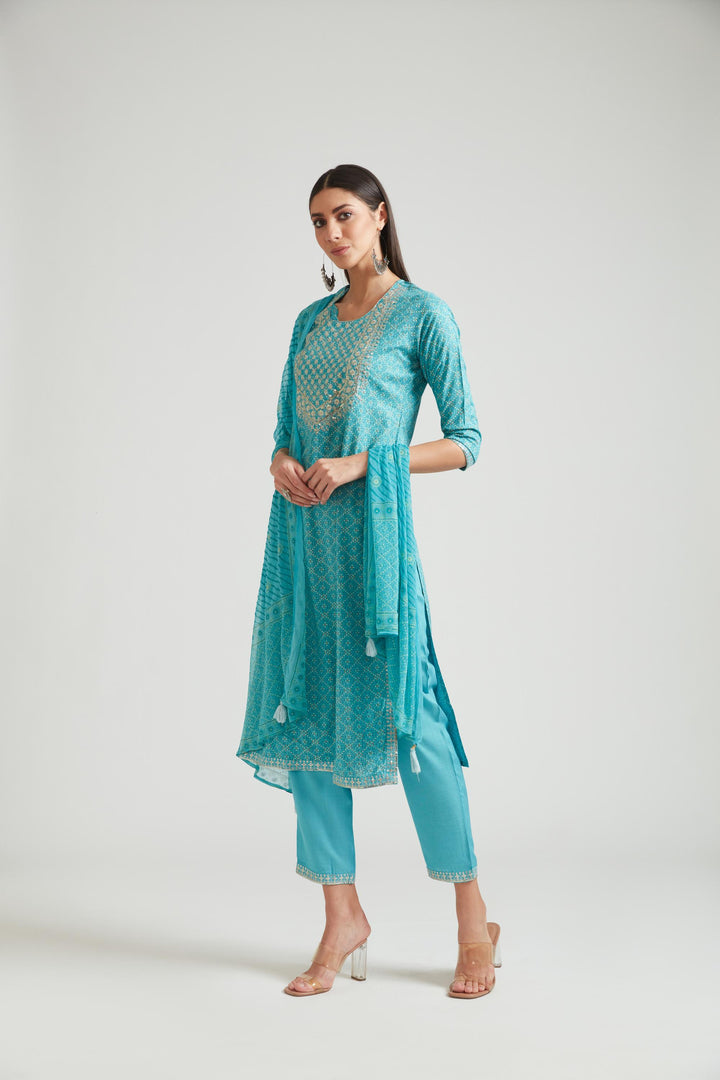 Neerus Blue cotton kurta set salwar kameez - front view