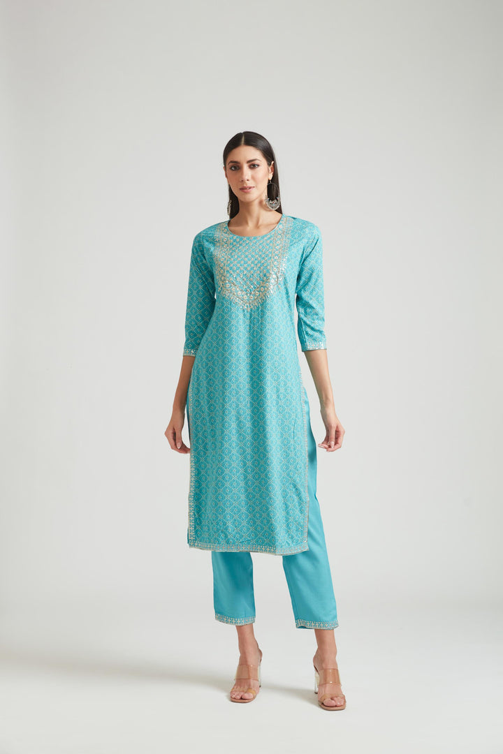 Neerus Blue cotton kurta set salwar kameez - detail view 2