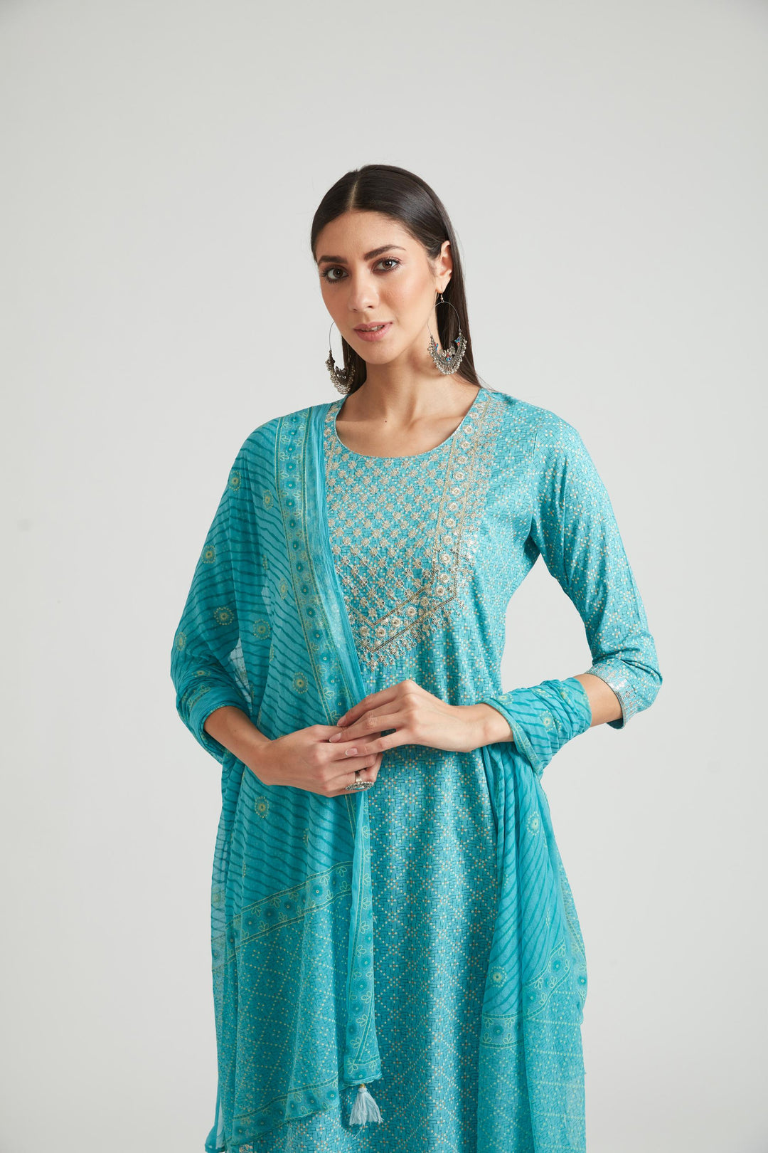 Neerus Blue cotton kurta set salwar kameez - detail view 3