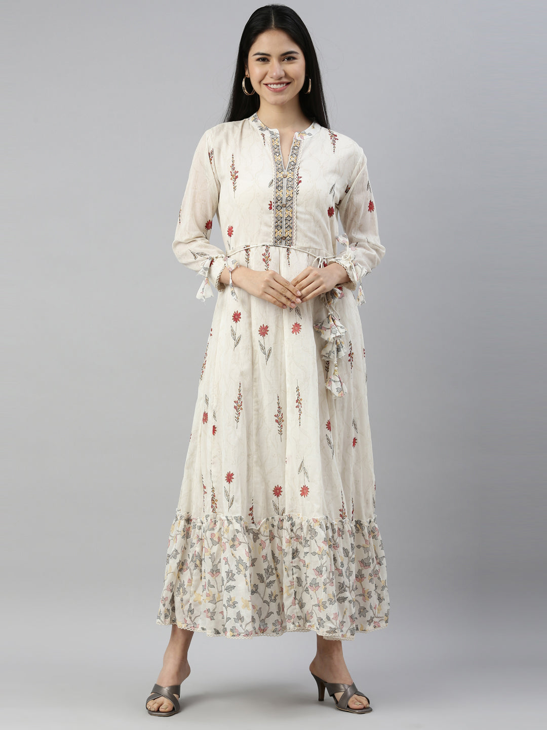 Neerus Maroon cotton solid kurti maxi silhouette - front view