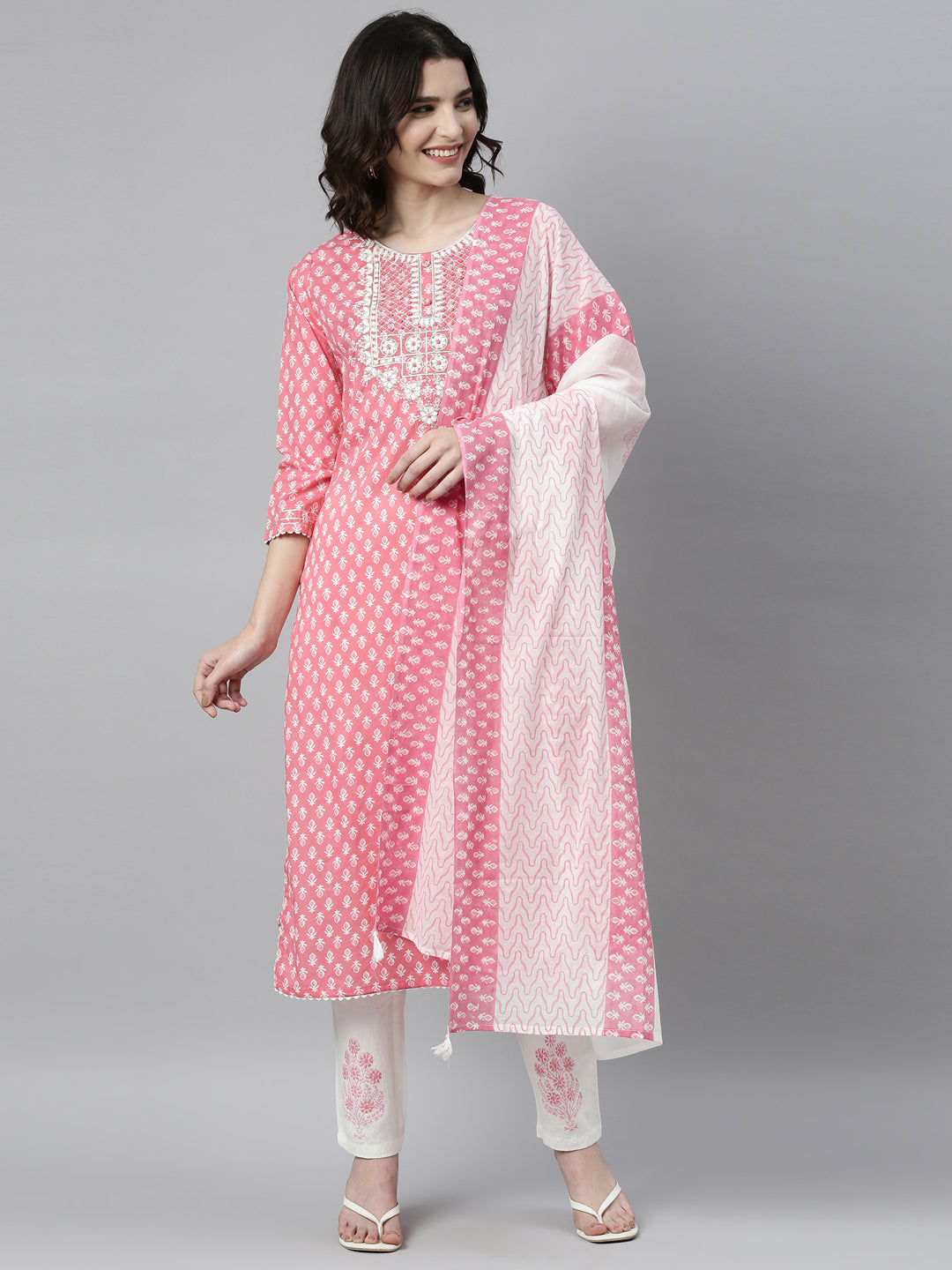 Neerus Pink rayon printed kurti - front view