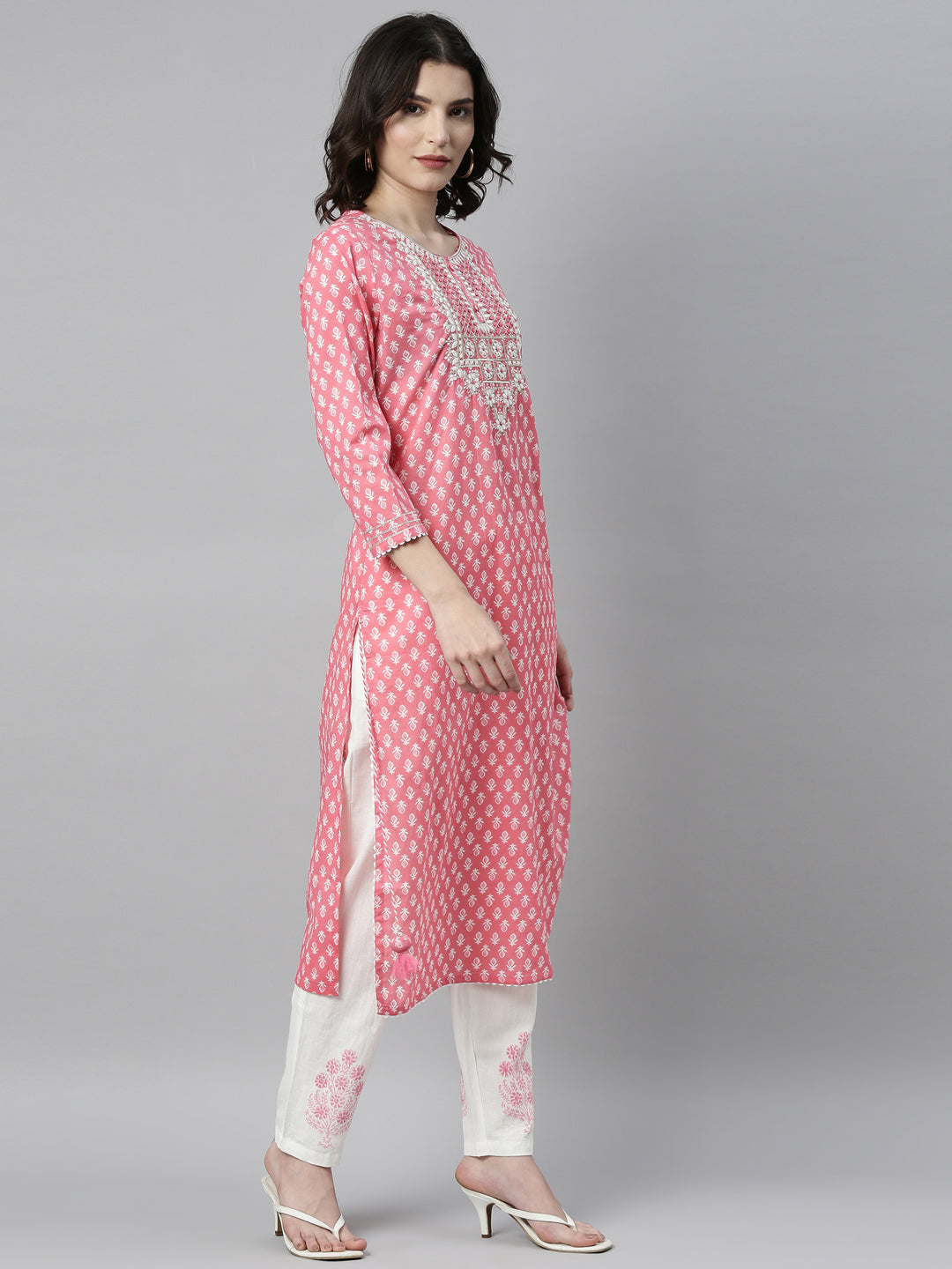 Neerus Pink rayon printed kurti - detail view 2