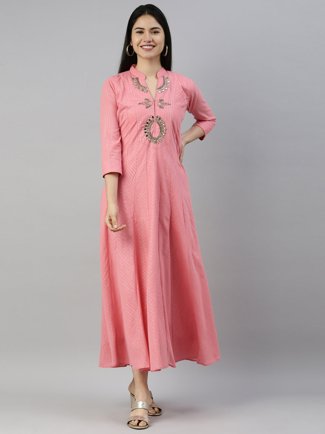 Neerus Pink Color Lorex Fabric Kurta