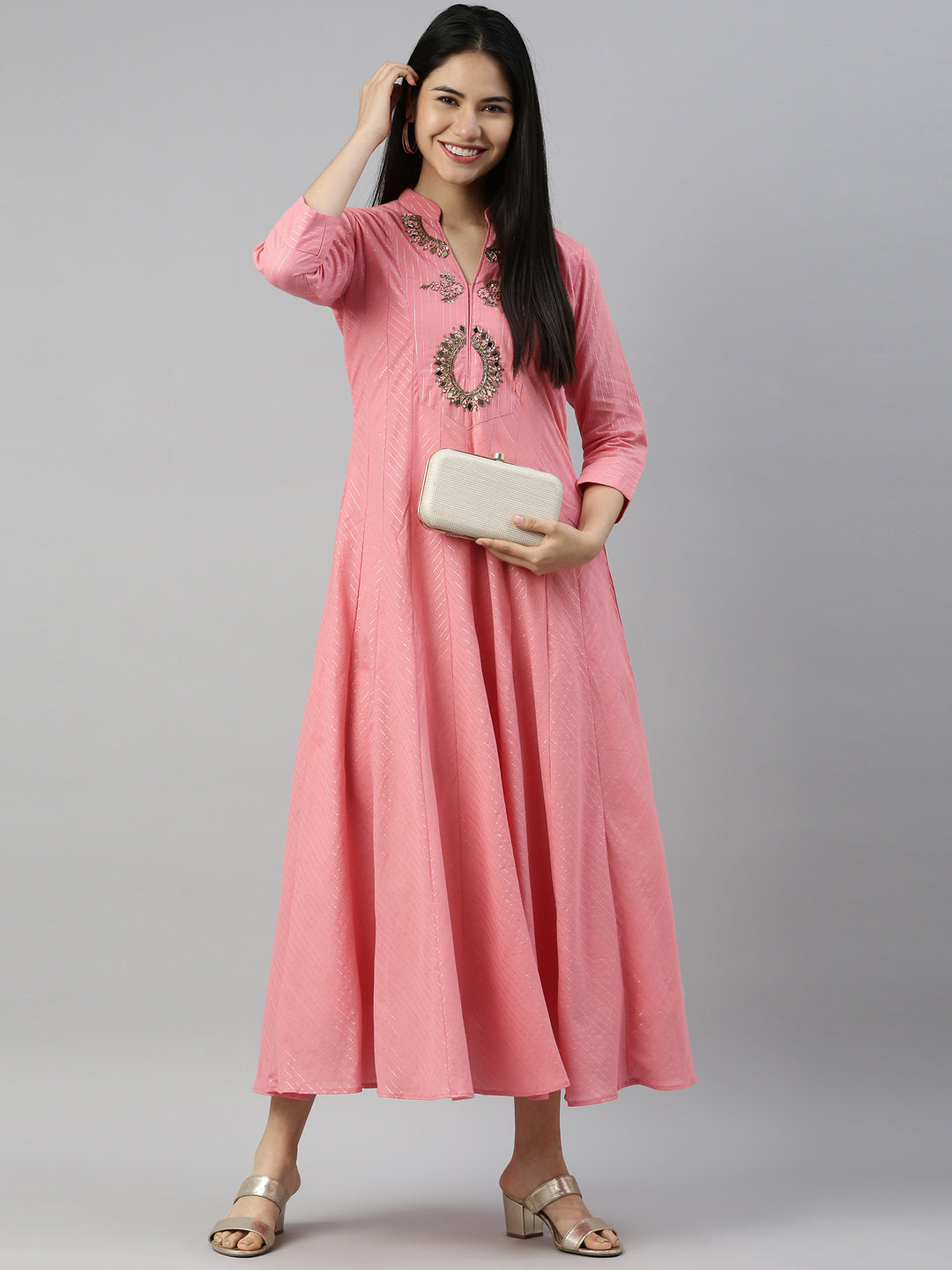 Neerus Pink Color Lorex Fabric Kurta