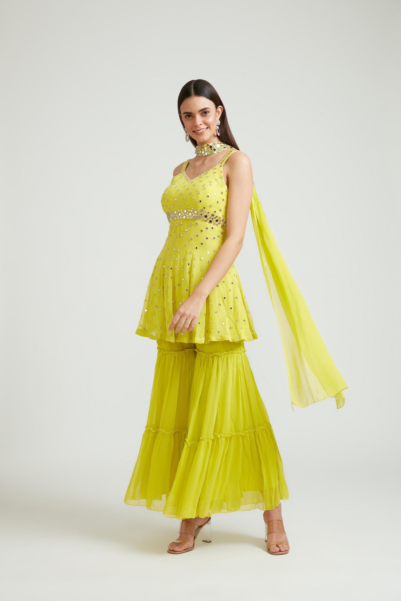 Neeru's Lemon Color Georgette Fabric Anarkali Suit Set