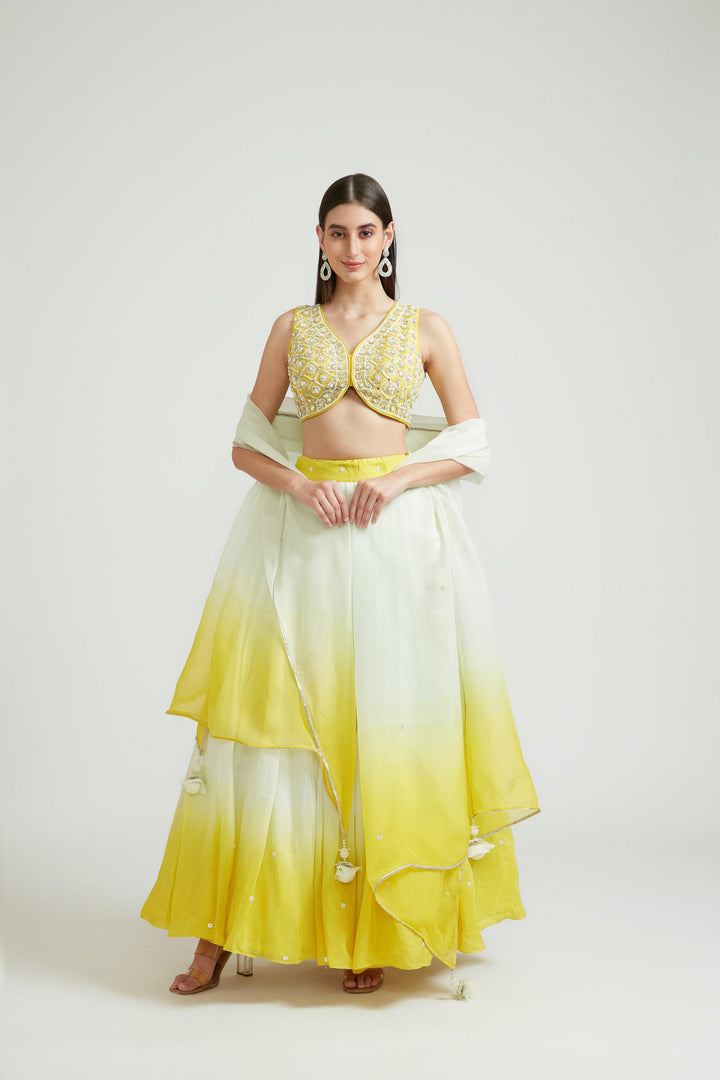 Neerus Yellow Chinon Embellished Lehenga Choli Set - front view