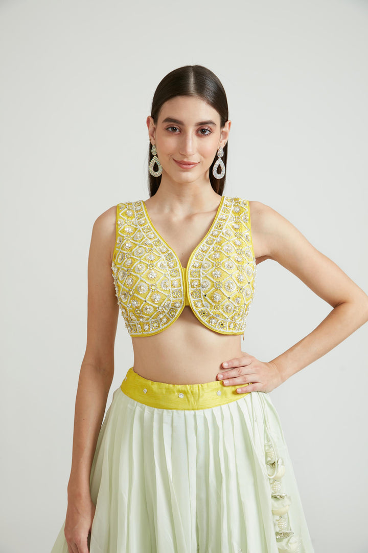 Neerus Yellow Chinon Embellished Lehenga Choli Set - detail view 2