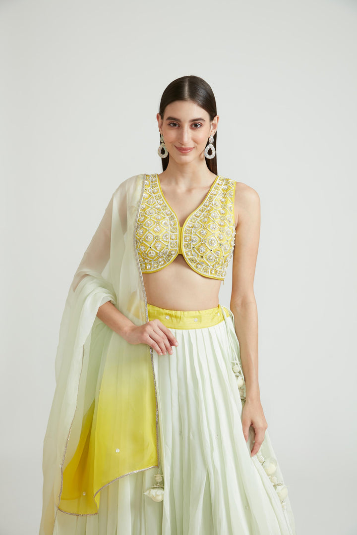 Neerus Yellow Chinon Embellished Lehenga Choli Set - detail view 3