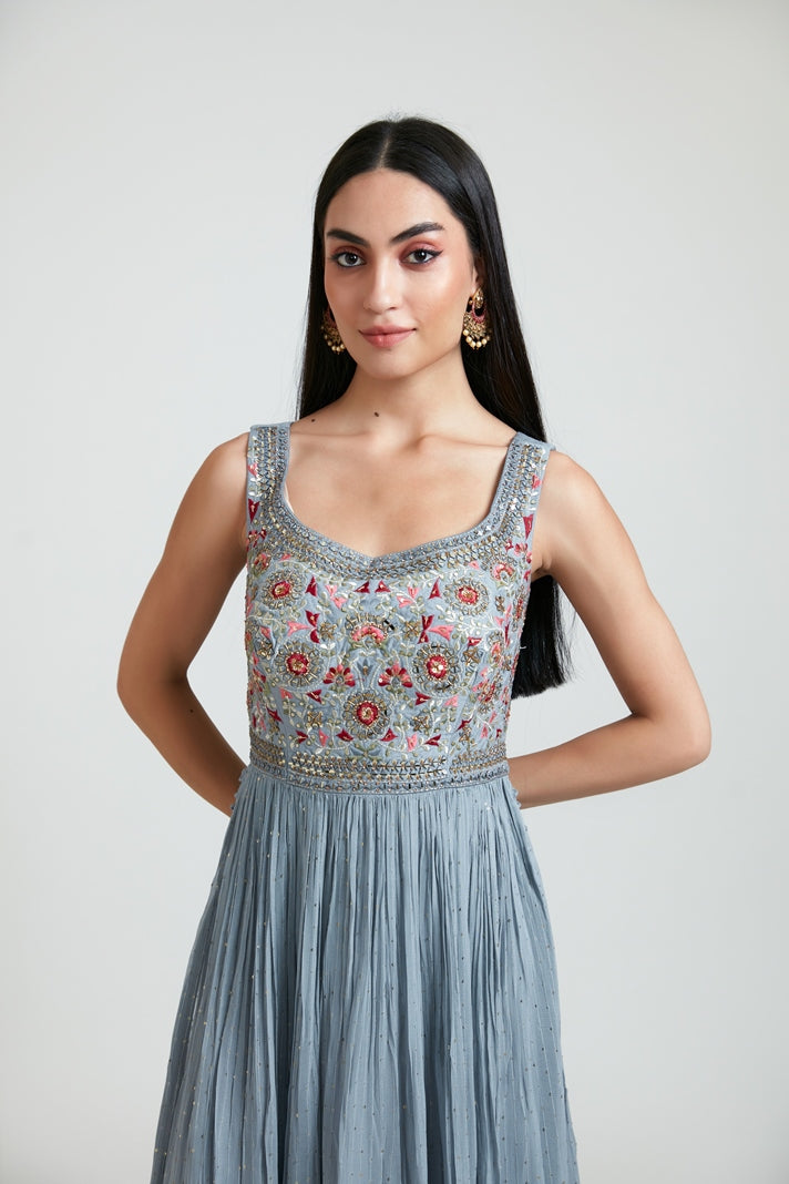 Neerus Grey georgette embroidered kurta set - detail view 1