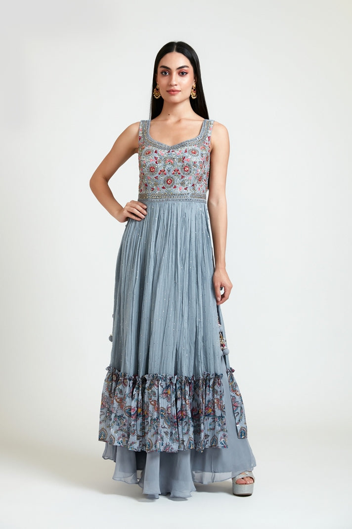 Neerus Grey georgette embroidered kurta set - front view