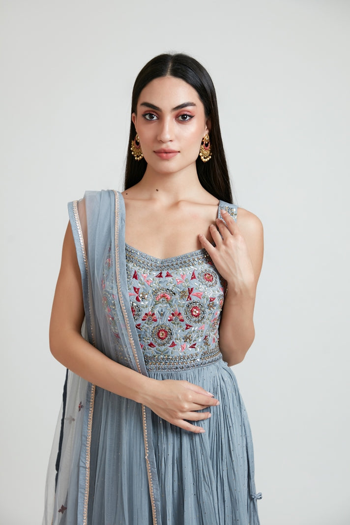 Neerus Grey georgette embroidered kurta set - detail view 4