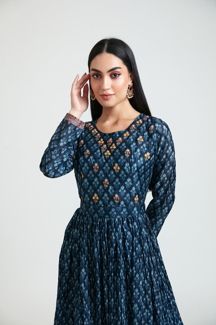 Neerus Women Silk Navy Blue Dress
