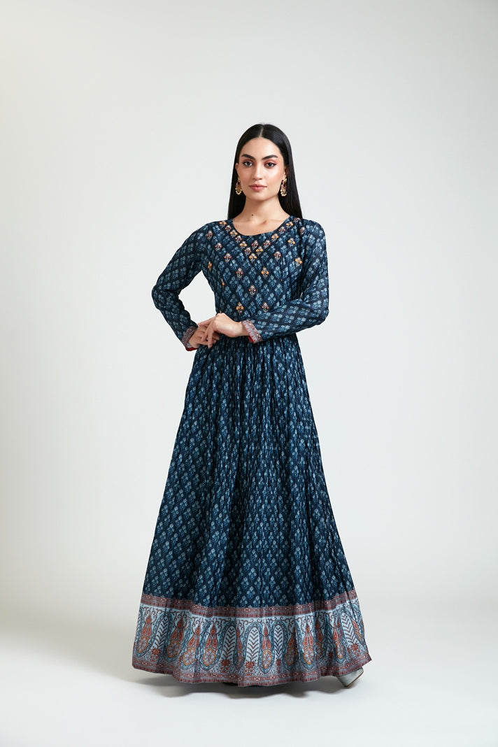 Neerus Women Silk Navy Blue Dress – Neerus India