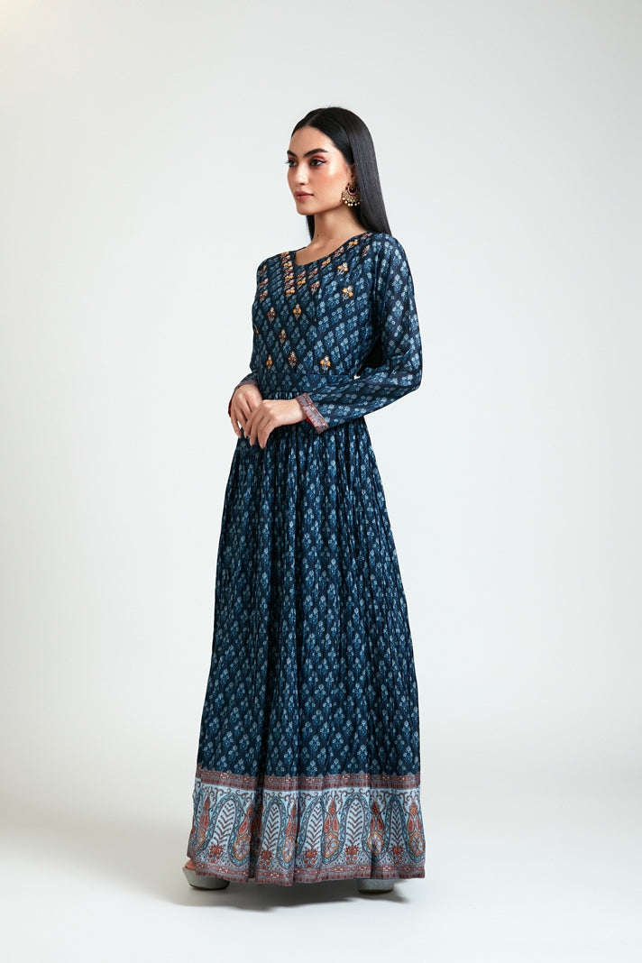 Neerus Women Silk Navy Blue Dress