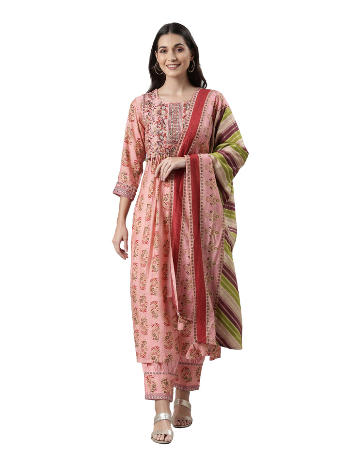 Neerus Coral Regular Knee Length Printed Kurta Solid Trousers With Dupatta