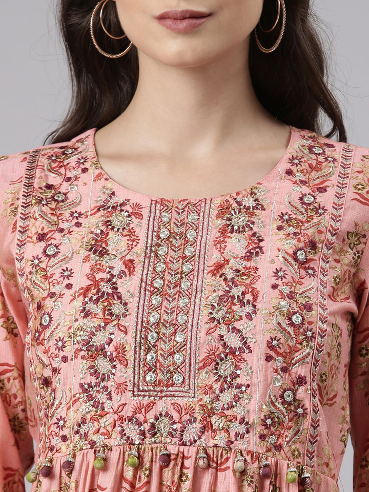 Neerus Coral Regular Knee Length Printed Kurta Solid Trousers With Dupatta