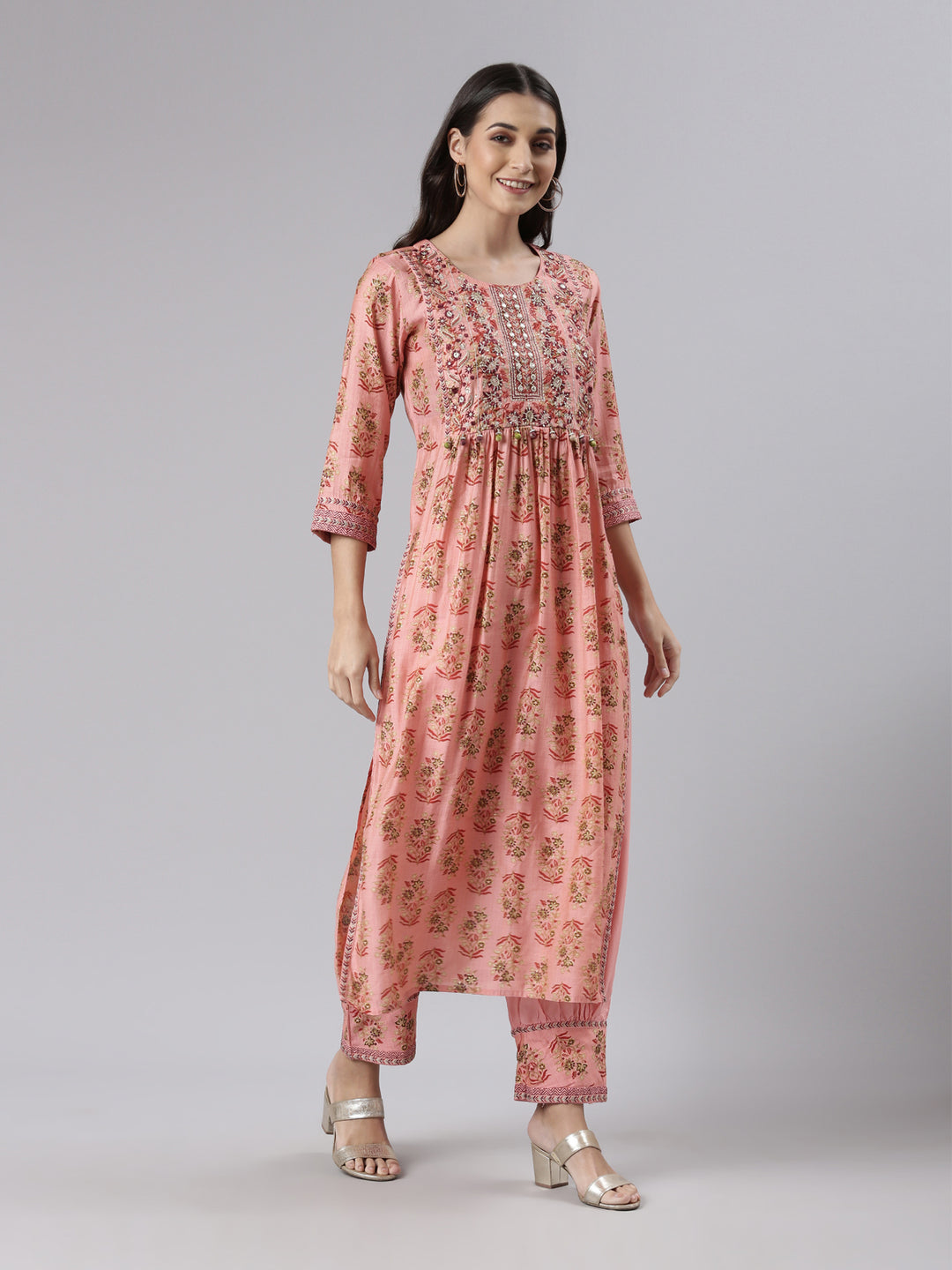 Neerus Coral Regular Knee Length Printed Kurta Solid Trousers With Dupatta