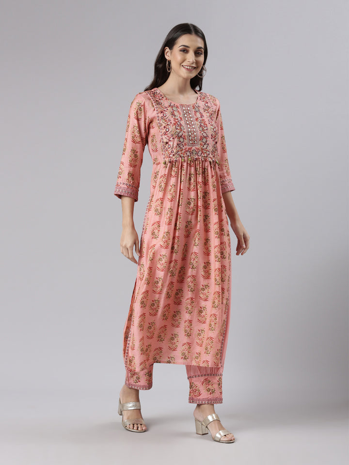 Neerus Coral Regular Knee Length Printed Kurta Solid Trousers With Dupatta