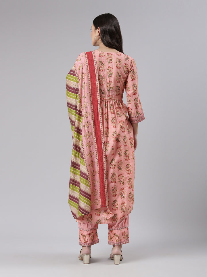 Neerus Coral Regular Knee Length Printed Kurta Solid Trousers With Dupatta