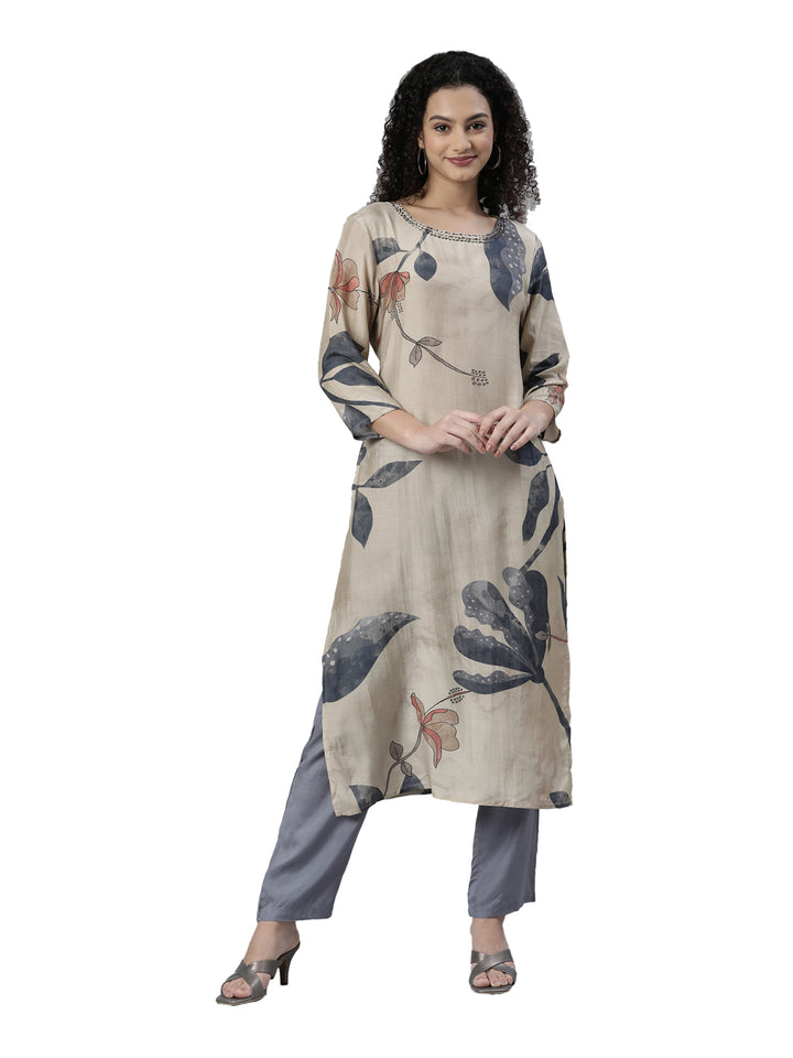 Neerus Beige cotton printed kurta set with trousers - front view