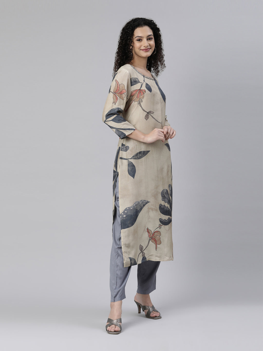 Neerus Beige cotton printed kurta set with trousers - back view