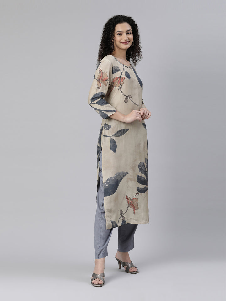 Neerus Beige cotton printed kurta set with trousers - back view