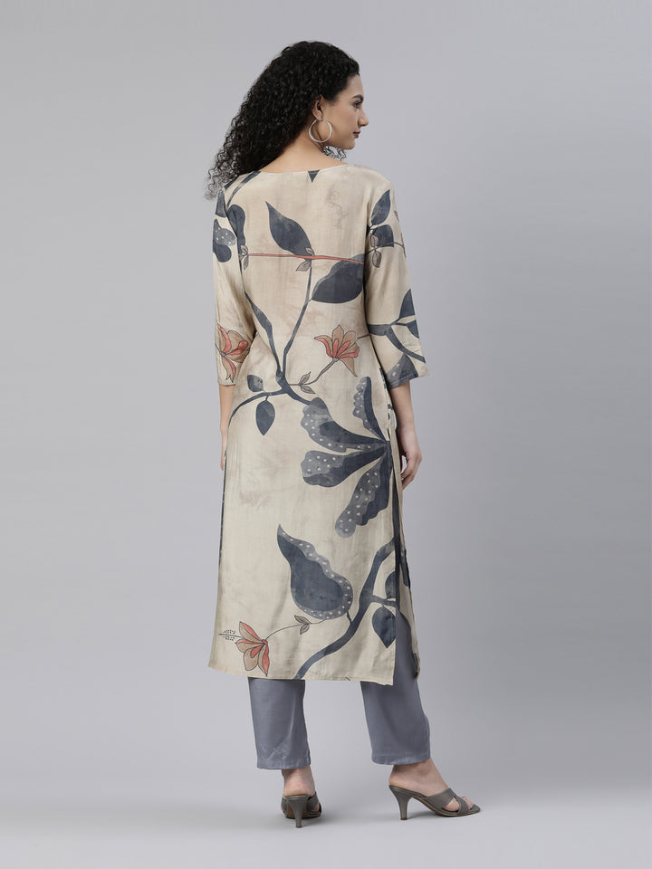 Neerus Beige cotton printed kurta set with trousers - side view
