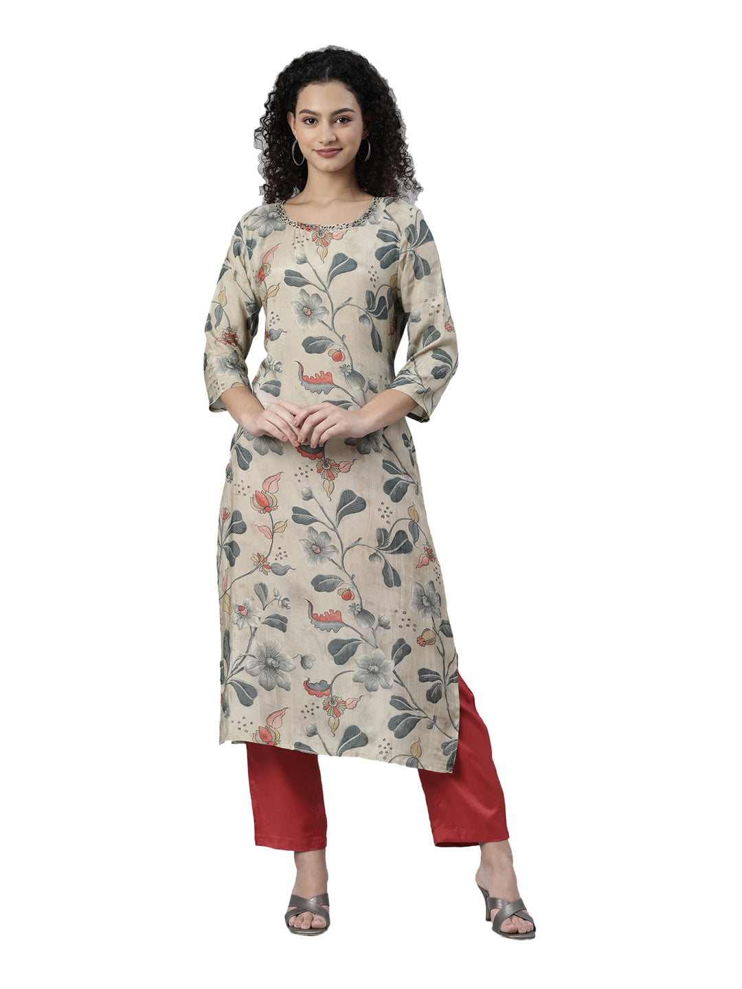 Neerus Cream Regular Knee Length Printed Kurta Solid Trouser
