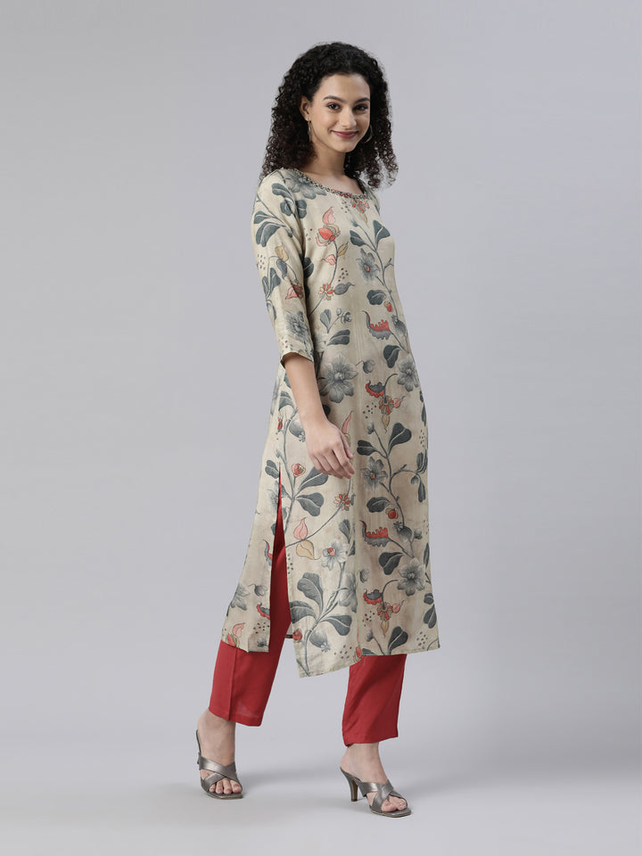 Neerus Cream Regular Knee Length Printed Kurta Solid Trouser