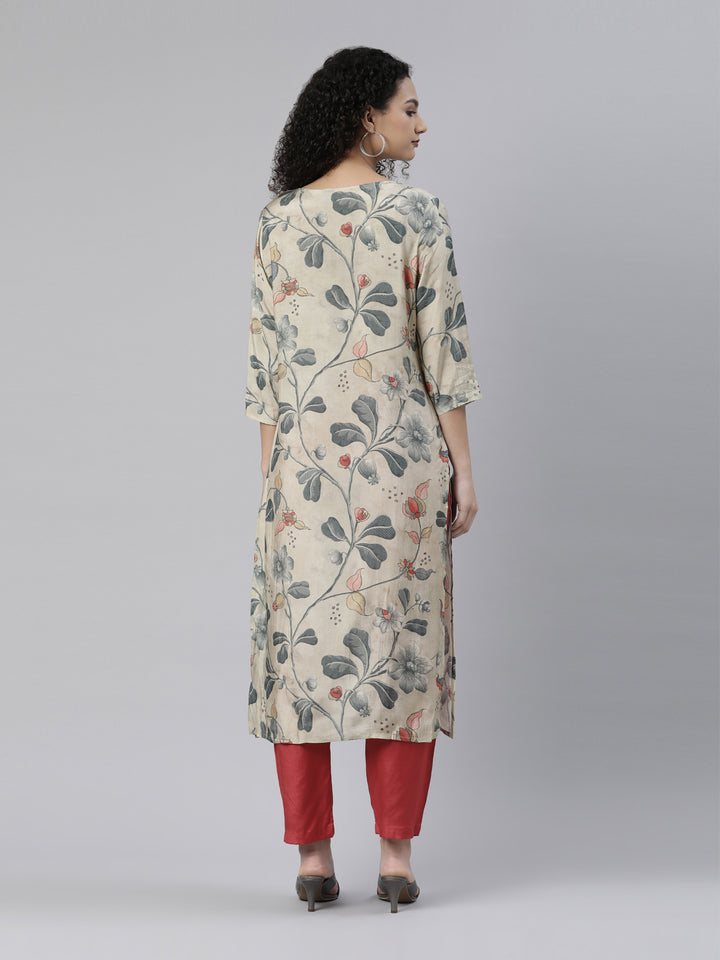 Neerus Cream Regular Knee Length Printed Kurta Solid Trouser