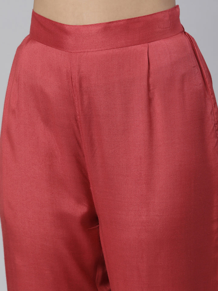 Neerus Cream Regular Knee Length Printed Kurta Solid Trouser