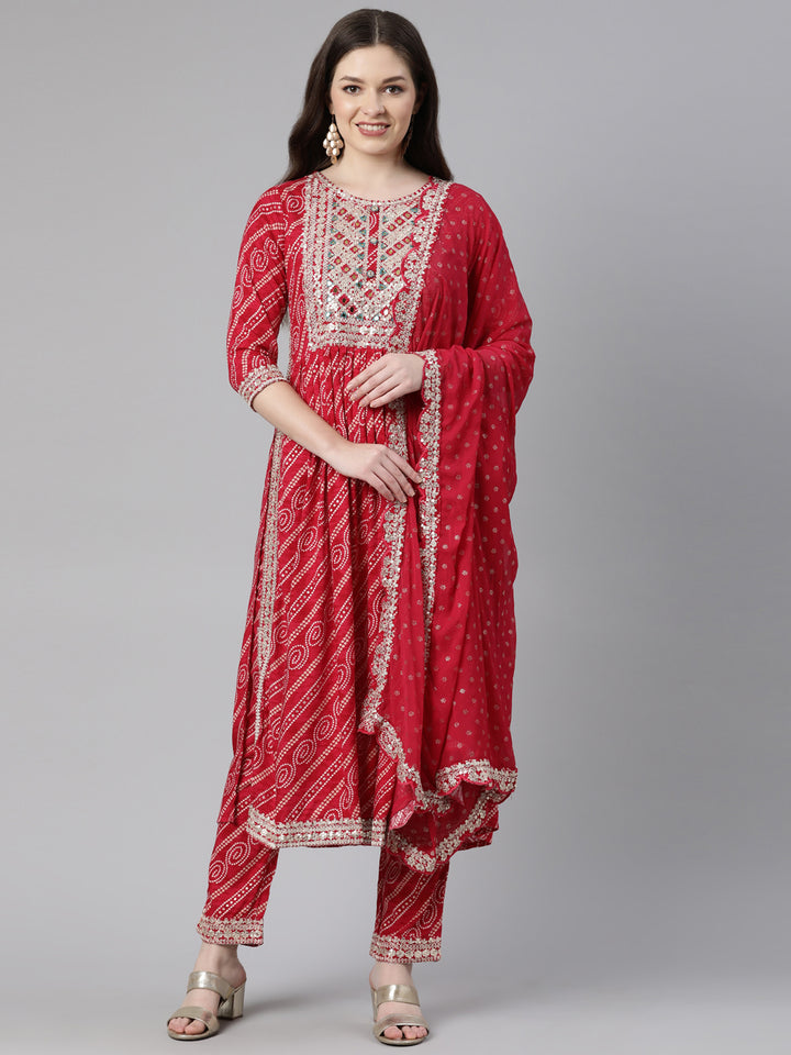 Neerus Pink printed suit set with trouser and dupatta - front view