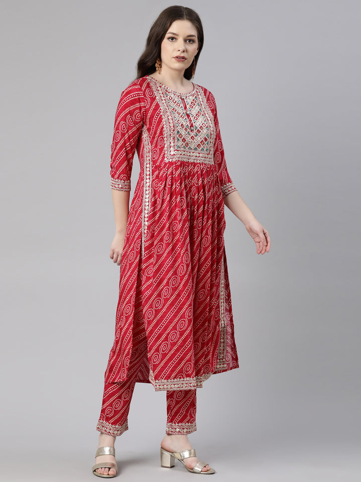 Neerus Pink printed suit set with trouser and dupatta - back view