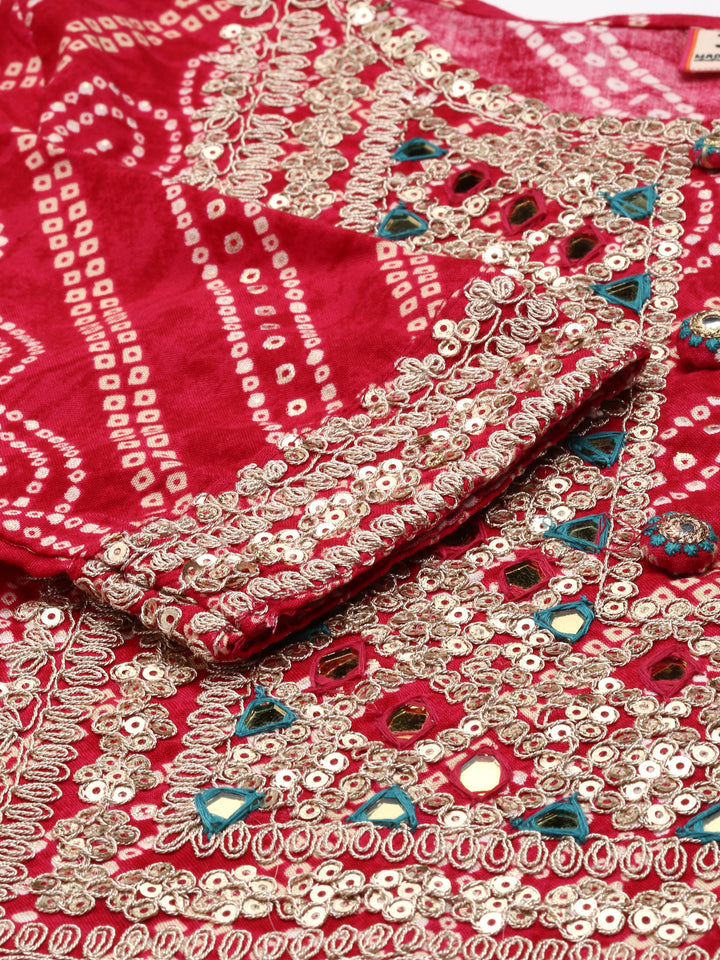 Neerus Pink printed suit set with trouser and dupatta - detail view 1
