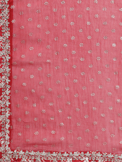 Neeru's Red Regular Calf Length Printed Kurta Solid Trousers With Dupatta