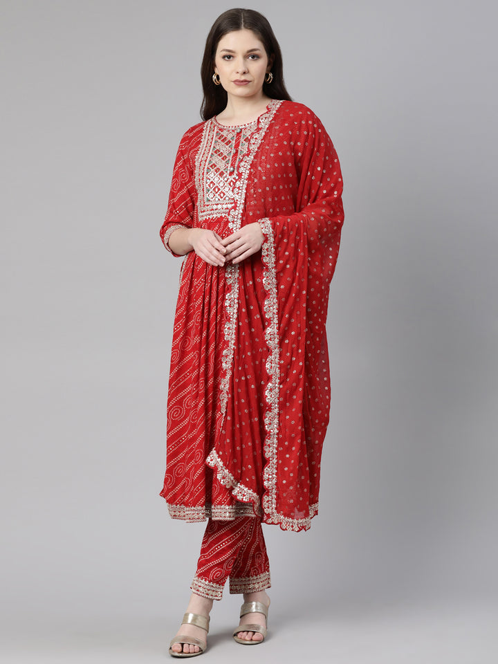 Neerus Red Regular Calf Length Printed Kurta Solid Trousers With Dupatta