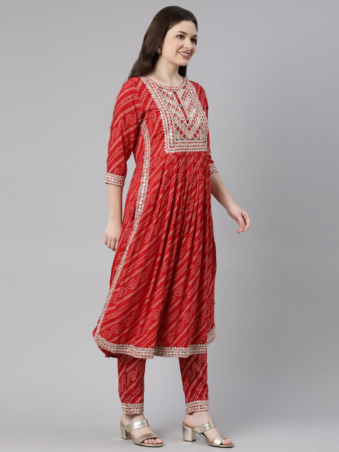 Neerus Red Regular Calf Length Printed Kurta Solid Trousers With Dupatta