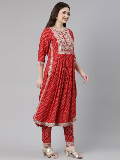 Neeru's Red Regular Calf Length Printed Kurta Solid Trousers With Dupatta