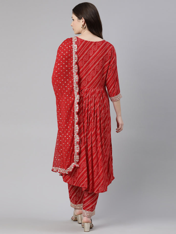 Neerus Red Regular Calf Length Printed Kurta Solid Trousers With Dupatta