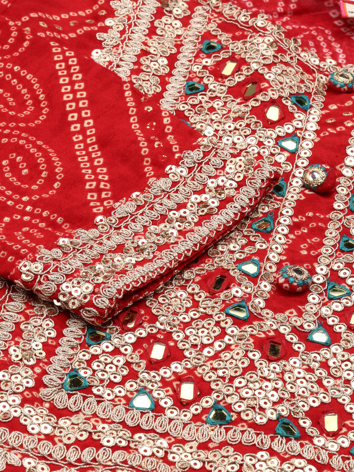 Neerus Red Regular Calf Length Printed Kurta Solid Trousers With Dupatta