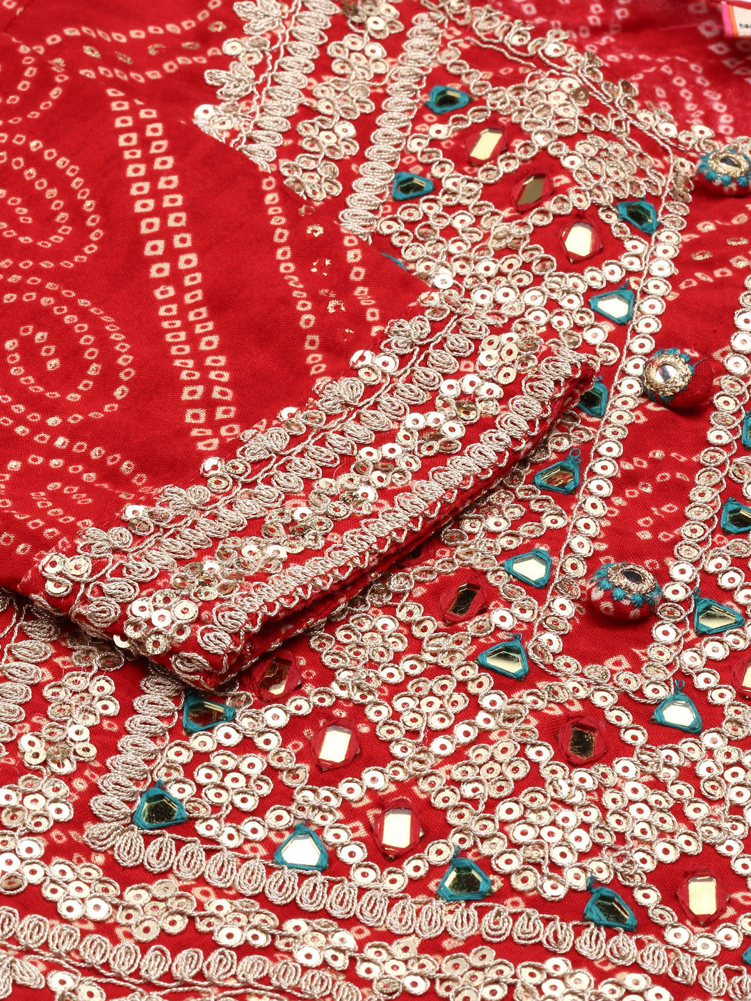 Neeru's Red Regular Calf Length Printed Kurta Solid Trousers With Dupatta