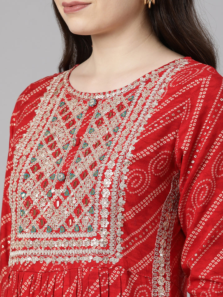 Neerus Red Regular Calf Length Printed Kurta Solid Trousers With Dupatta