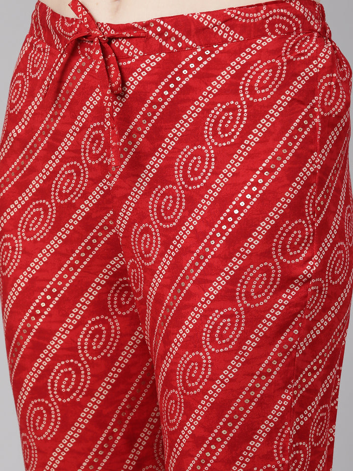 Neerus Red Regular Calf Length Printed Kurta Solid Trousers With Dupatta