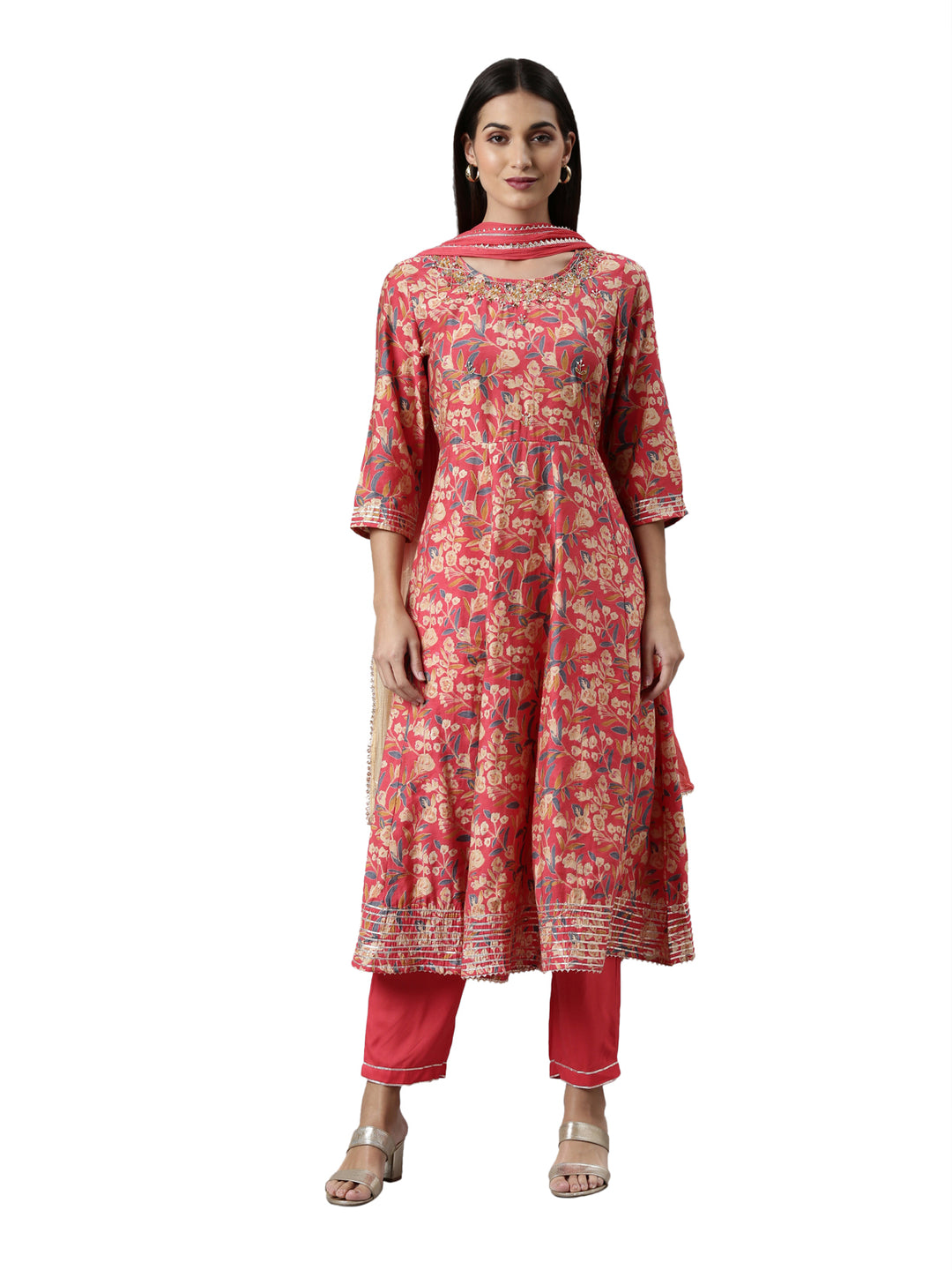 Neerus Red Regular Calf Length Printed Kurta Solid Trousers With Dupatta