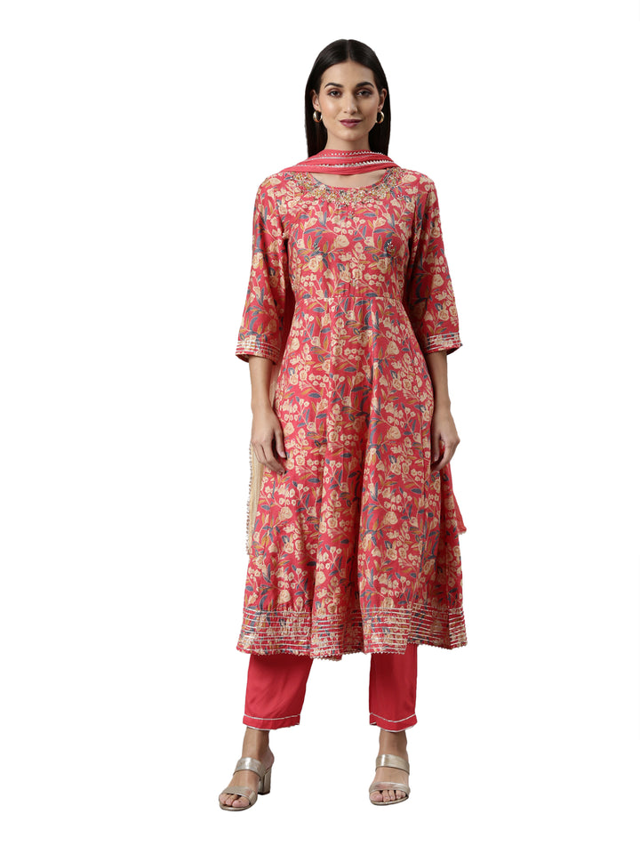 Neerus Red Regular Calf Length Printed Kurta Solid Trousers With Dupatta