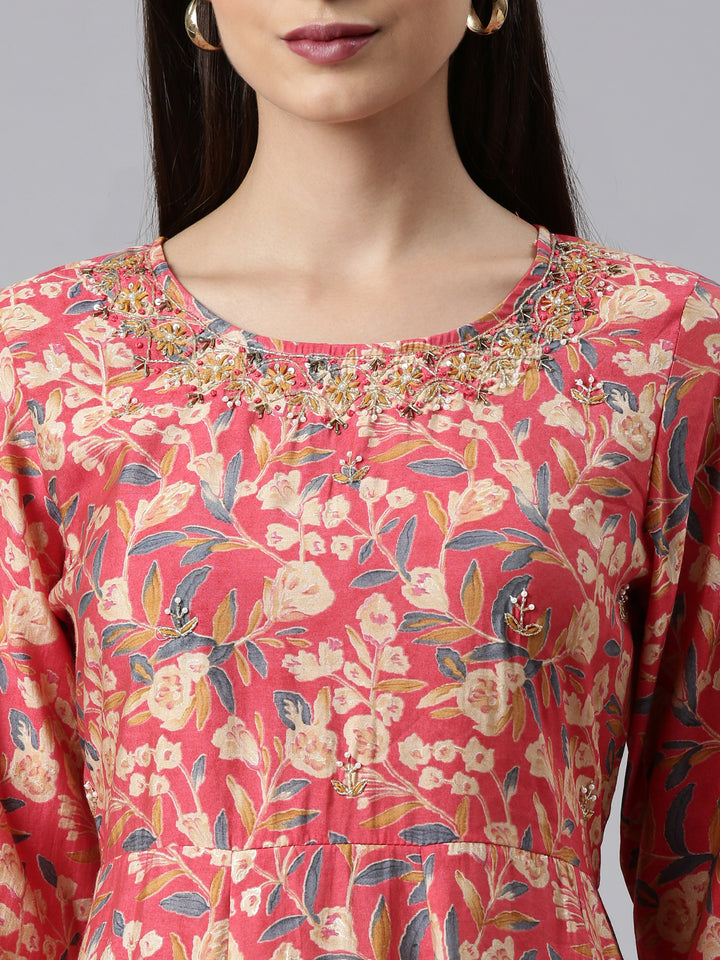 Neerus Red Regular Calf Length Printed Kurta Solid Trousers With Dupatta